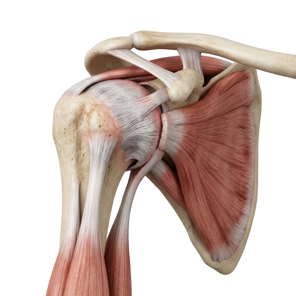 Ilustração anatômica do ombro mostrando a cápsula articular e os tendões do manguito rotador