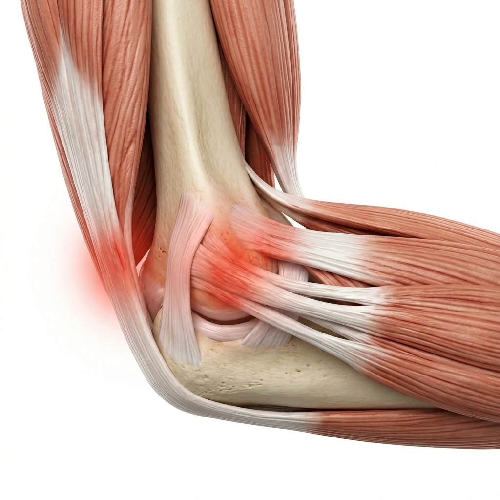 Ilustração anatômica do cotovelo com inflamação na região do epicôndilo