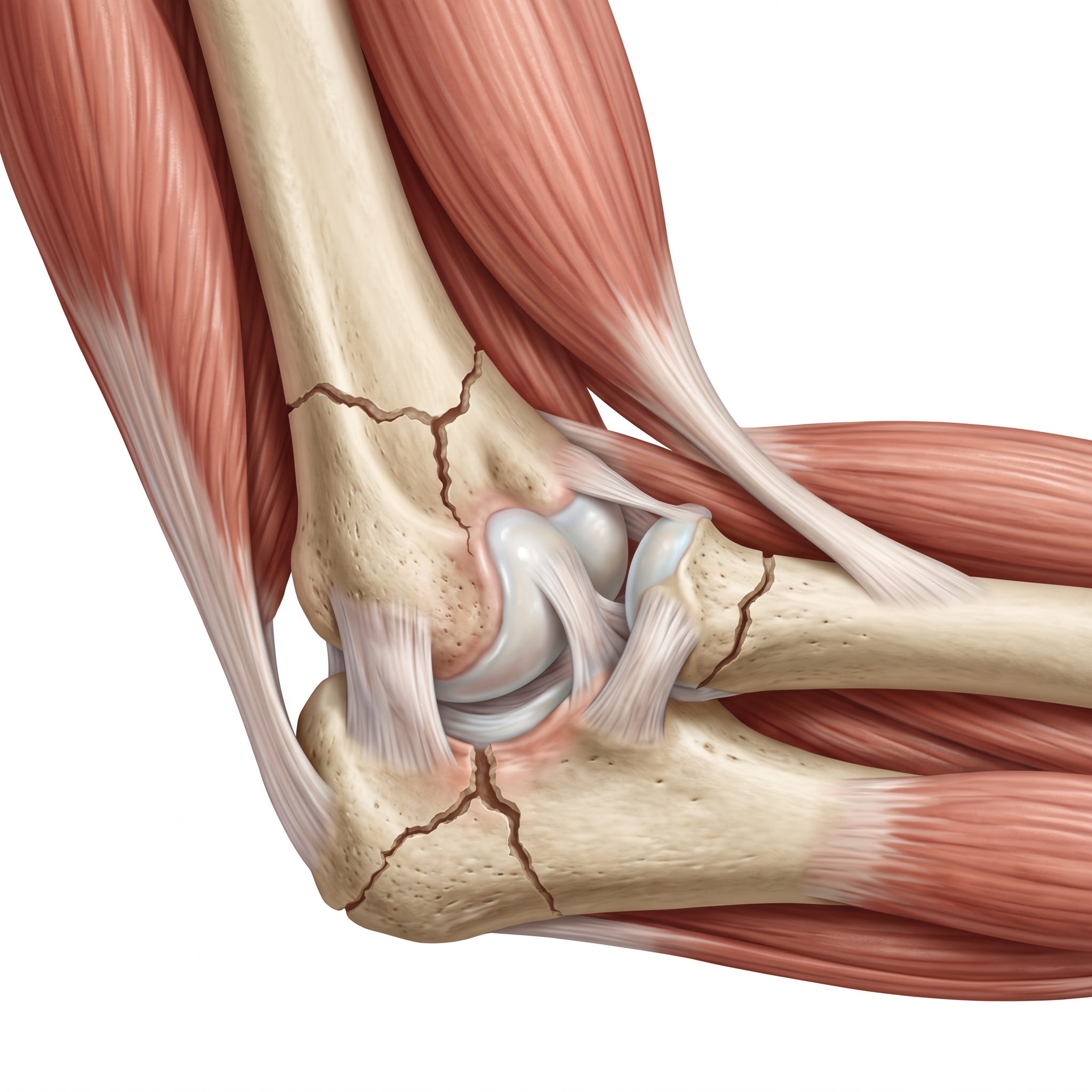 Ilustração anatômica com linhas de fratura no úmero distal, rádio e ulna