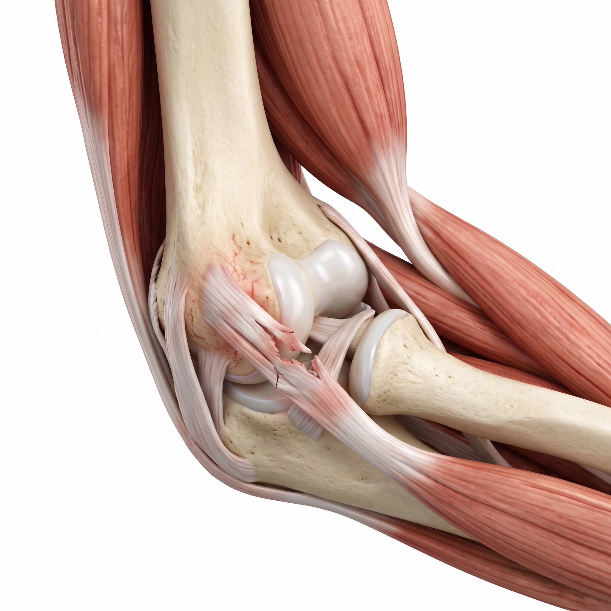 Ilustração anatômica dos ligamentos e estruturas do cotovelo