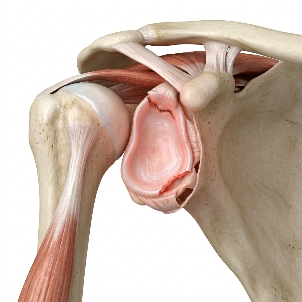 Ilustração anatômica do lábio glenoidal do ombro evidenciando lesão labral