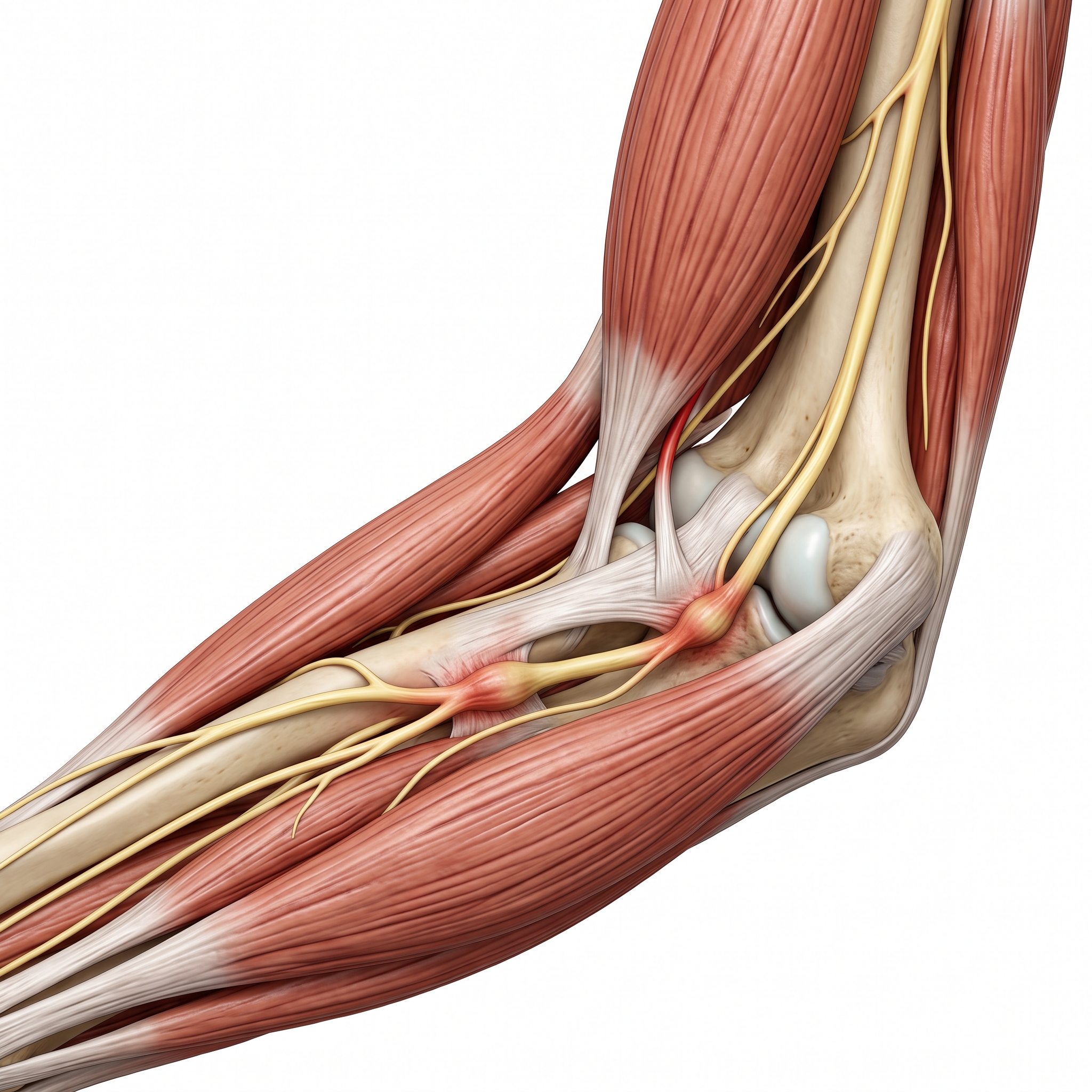 Ilustração anatômica do nervo ulnar no cotovelo evidenciando pontos de compressão no túnel cubital